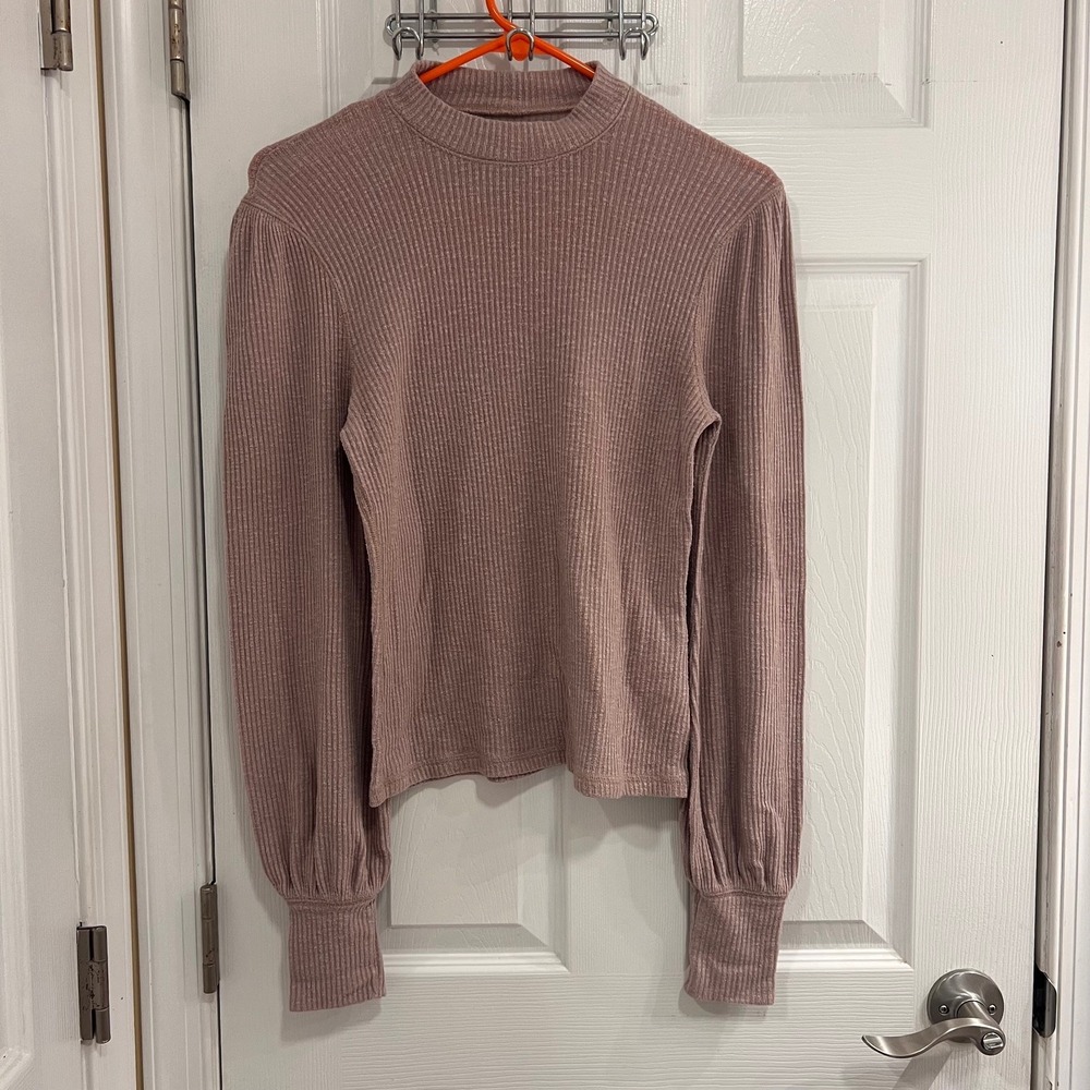 Abercrombie‎ & Fitch Womens Mauve Ribbed Mock Neck Puff Sleeve Top Small